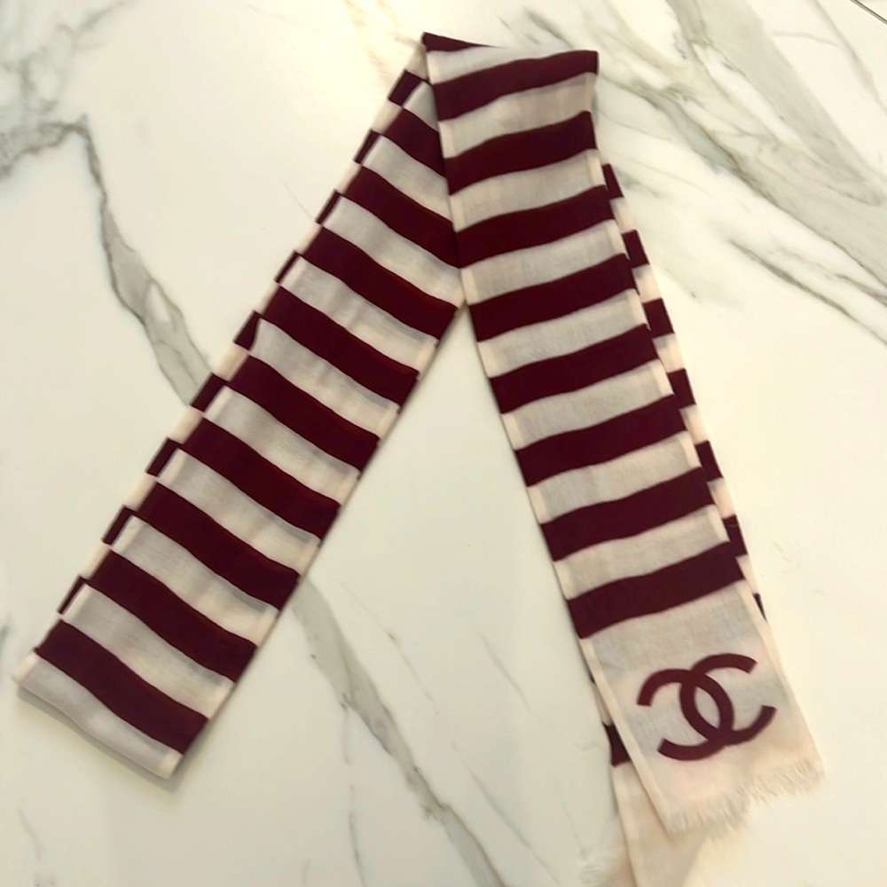 Authentic Chanel, scarf, maroon, and cream striped